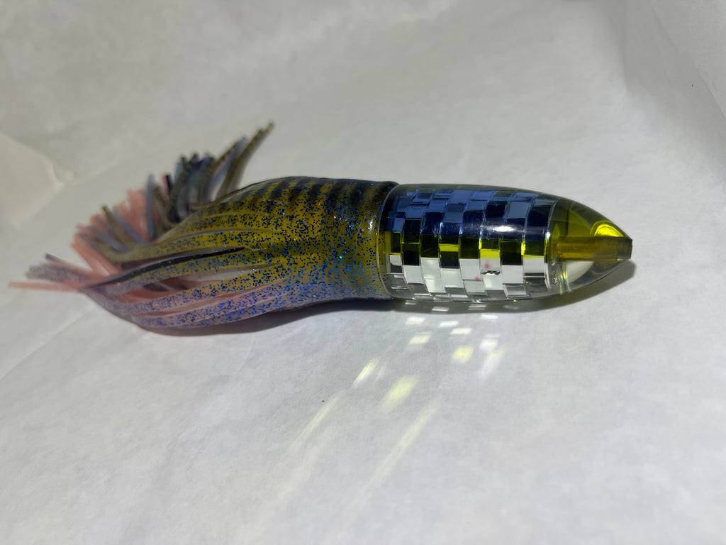 9” disco bullet Blue top & yellow stripe skirted