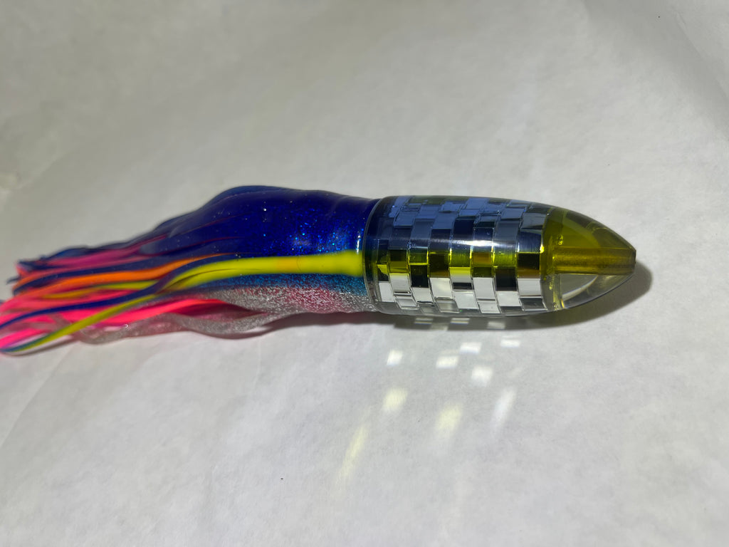 9” disco bullet Blue top yellow stripe skirted